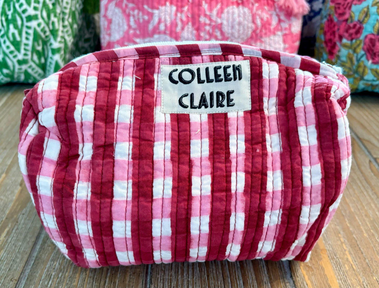 Suzanne Medium White Pink Gingham Toiletry Bag